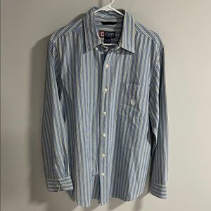 Chaps Men's Blue and Yellow Striped Shirt
